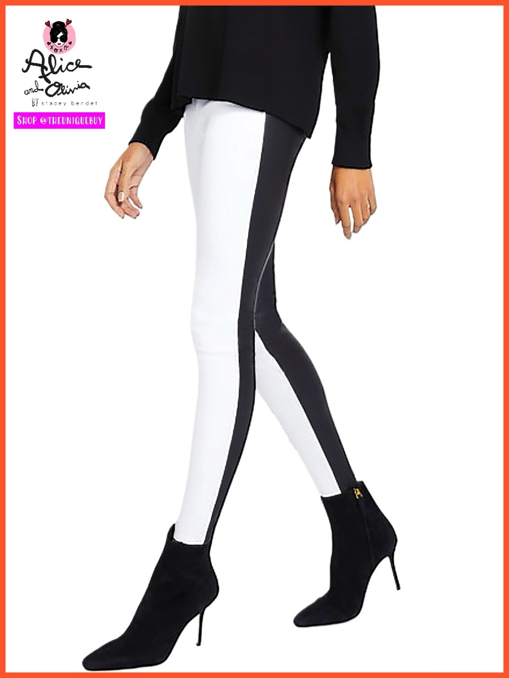 Alice + Olivia Maddox Black White Lamb Leather ColorBlock Legging Pant